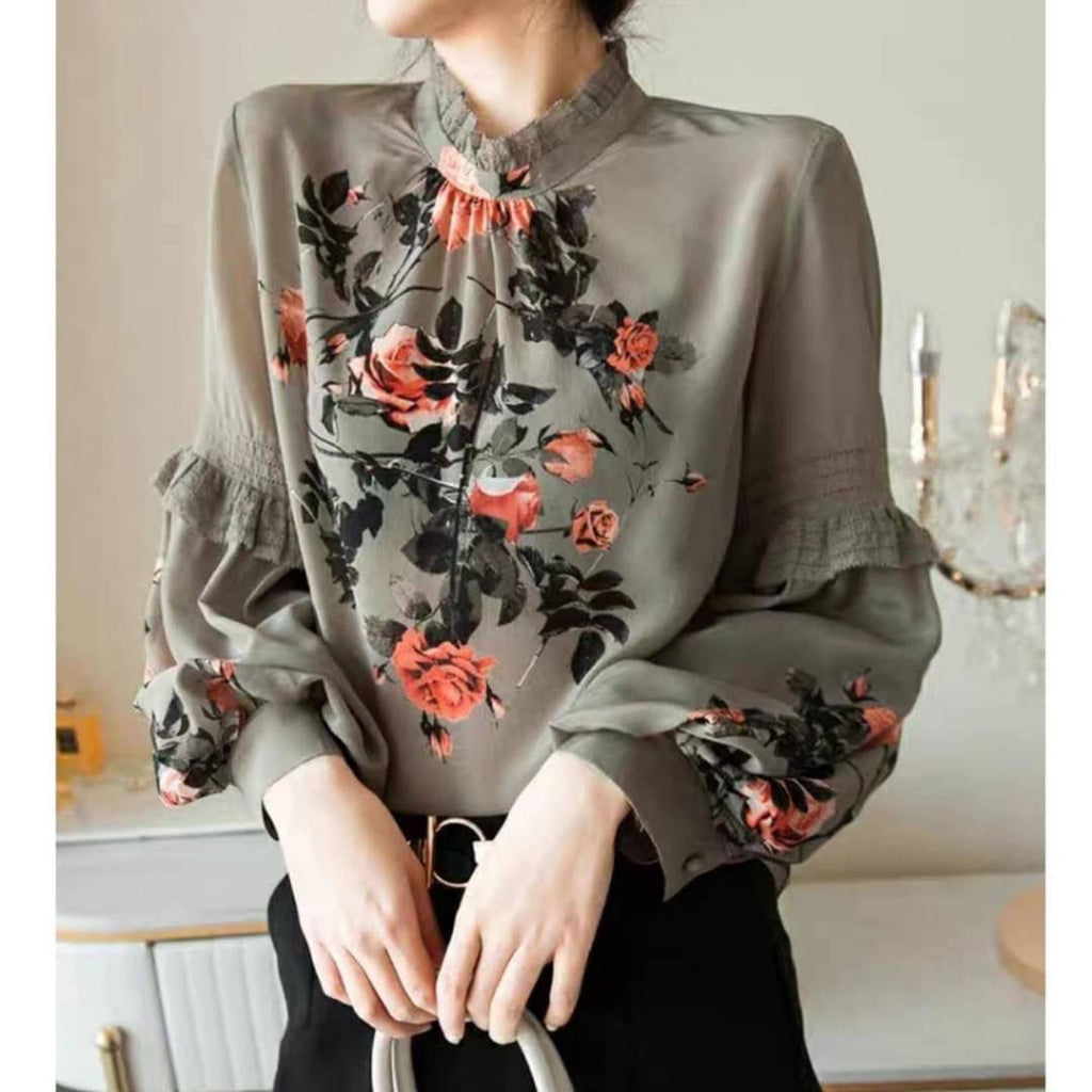 Korean Floral High-Cuff Blouse – Elegant & Classy Top