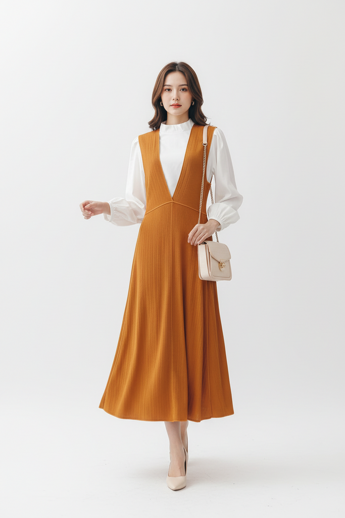 Pleated V Neck Pinafore