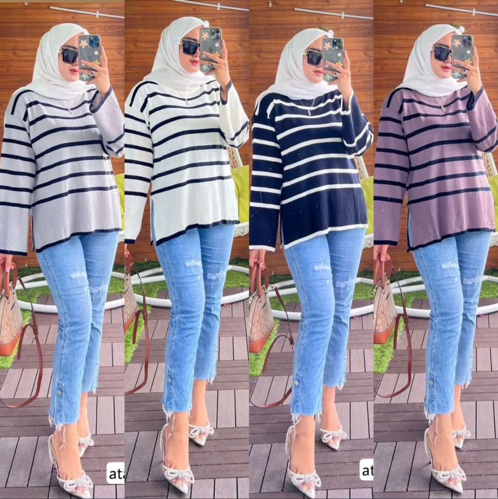 Knitted Stripe  Pullover Tops